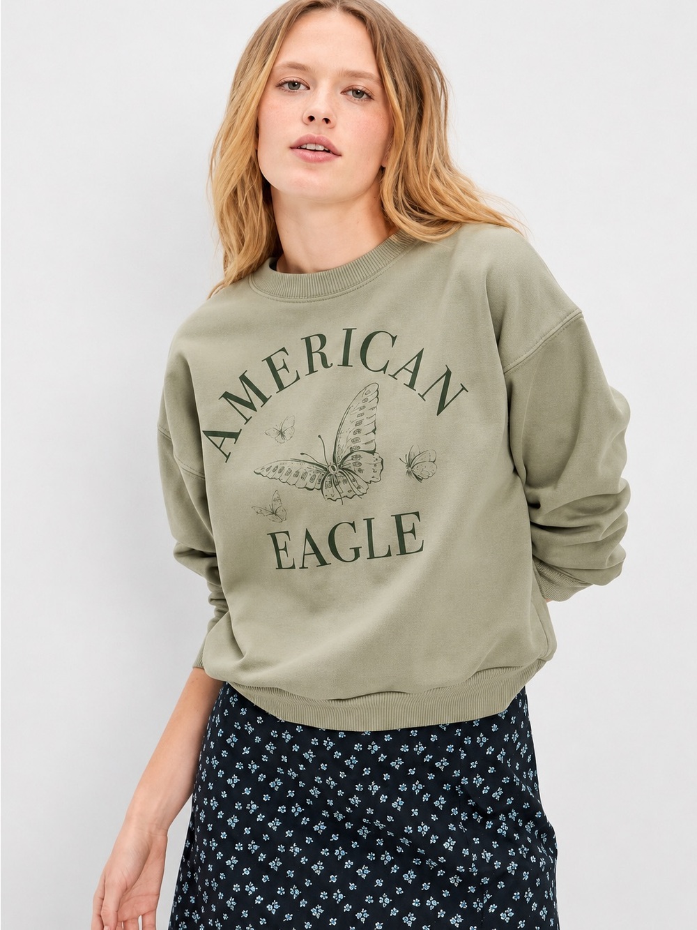 American Eagle Outfitters Olive Green Crewneck Sweater with Butterfly Logo